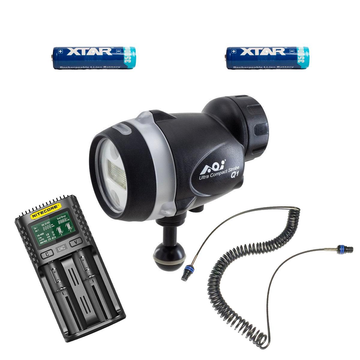 Flash subacqueo ultra compatto con controllo manuale - completo di batterie, caricatore e fibra ottica.