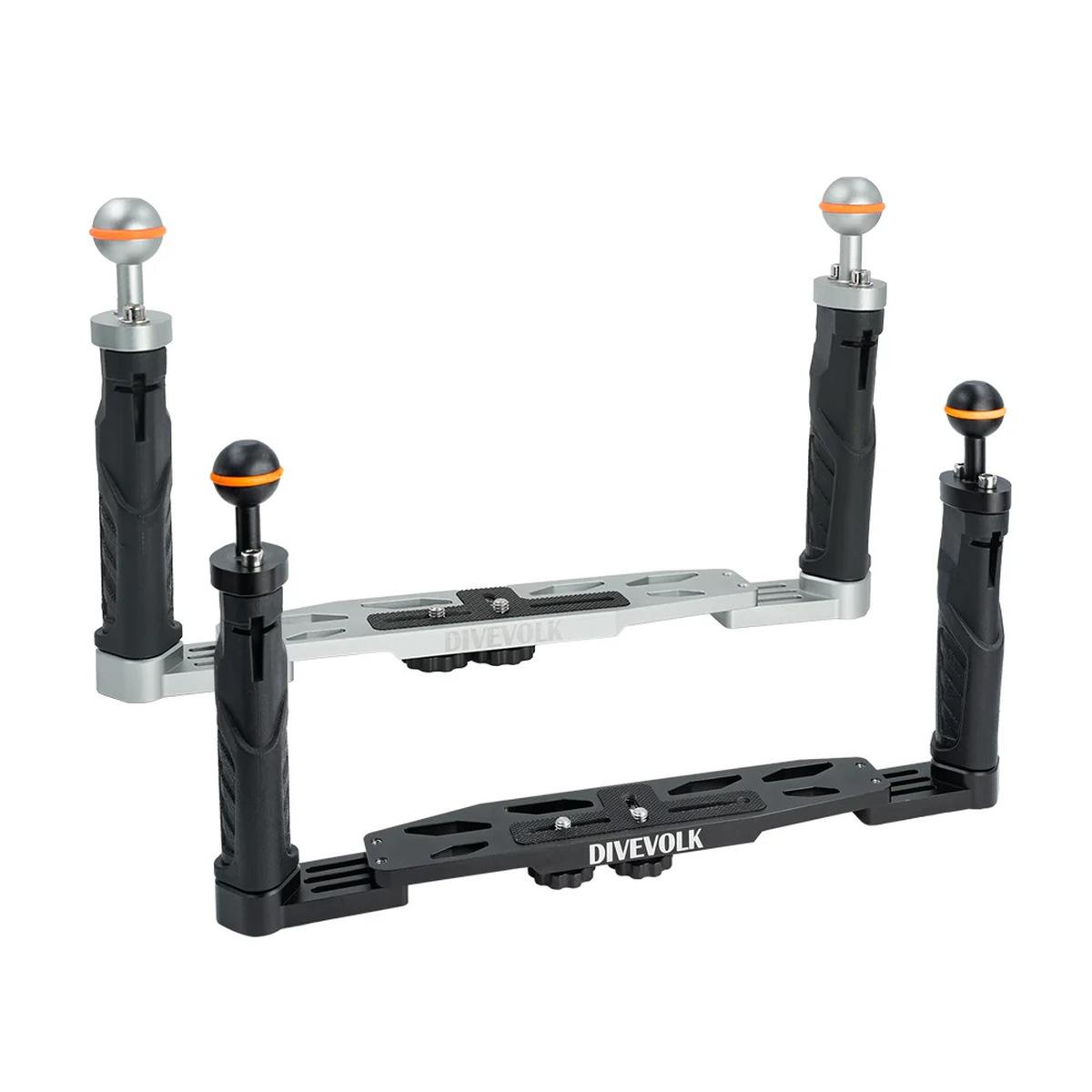 Vassoio con doppia impugnatura DIVEVOLK per custodia subacquea per smartphone, custodia per fotocamera compatta, action camera, GoPro, DJI Action, Insta360 - NERO
