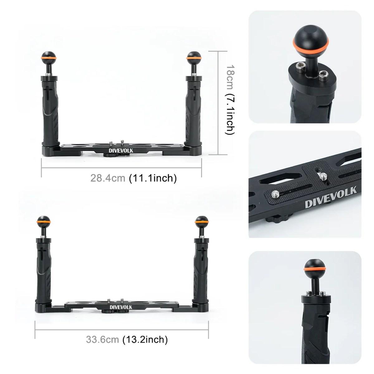 Vassoio con doppia impugnatura DIVEVOLK per custodia subacquea per smartphone, custodia per fotocamera compatta, action camera, GoPro, DJI Action, Insta360 - NERO