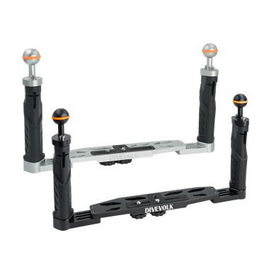 Vassoio con doppia impugnatura DIVEVOLK per custodia subacquea per smartphone, custodia per fotocamera compatta, action camera, GoPro, DJI Action, Insta360 - NERO